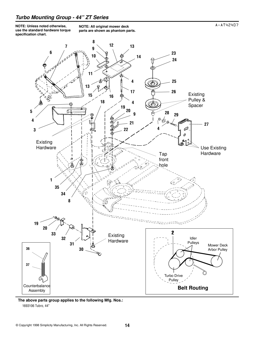 Simplicity 1692936, 1692626, 1693225, 1693227, 1693226, 1693106, 1692937, 1692858, 1692714 manual Turbo Mounting Group 44 ZT Series 