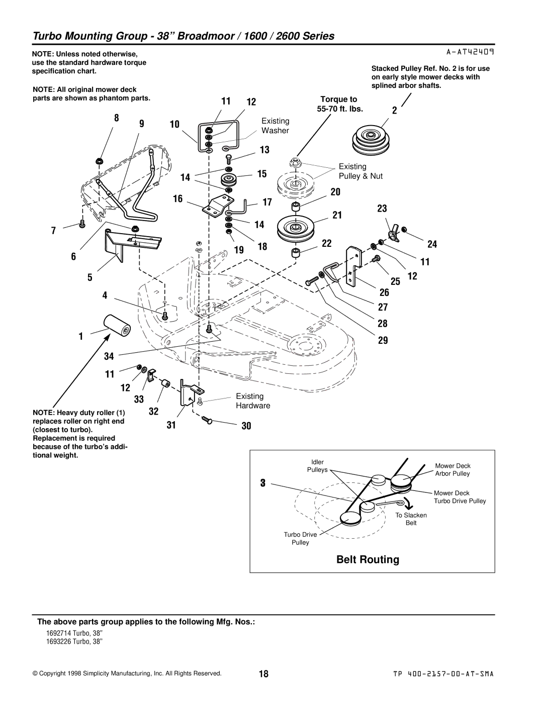 Simplicity 1692715, 1692626, 1693225, 1693227, 1693226 manual Turbo Mounting Group 38 Broadmoor / 1600 / 2600 Series, AT42409 