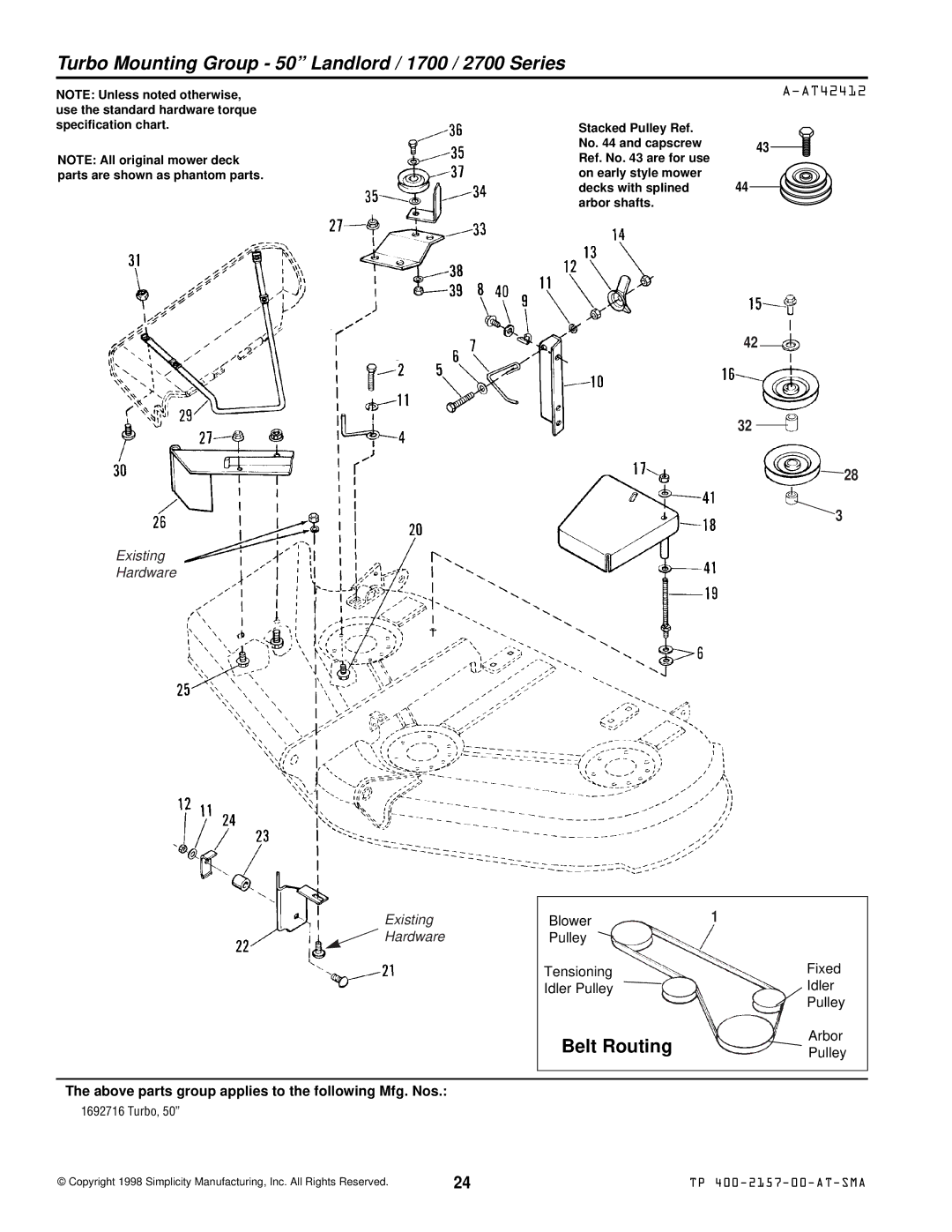 Simplicity 1693106, 1692626, 1693225, 1693227, 1693226, 1692936 Turbo Mounting Group 50 Landlord / 1700 / 2700 Series, AT42412 