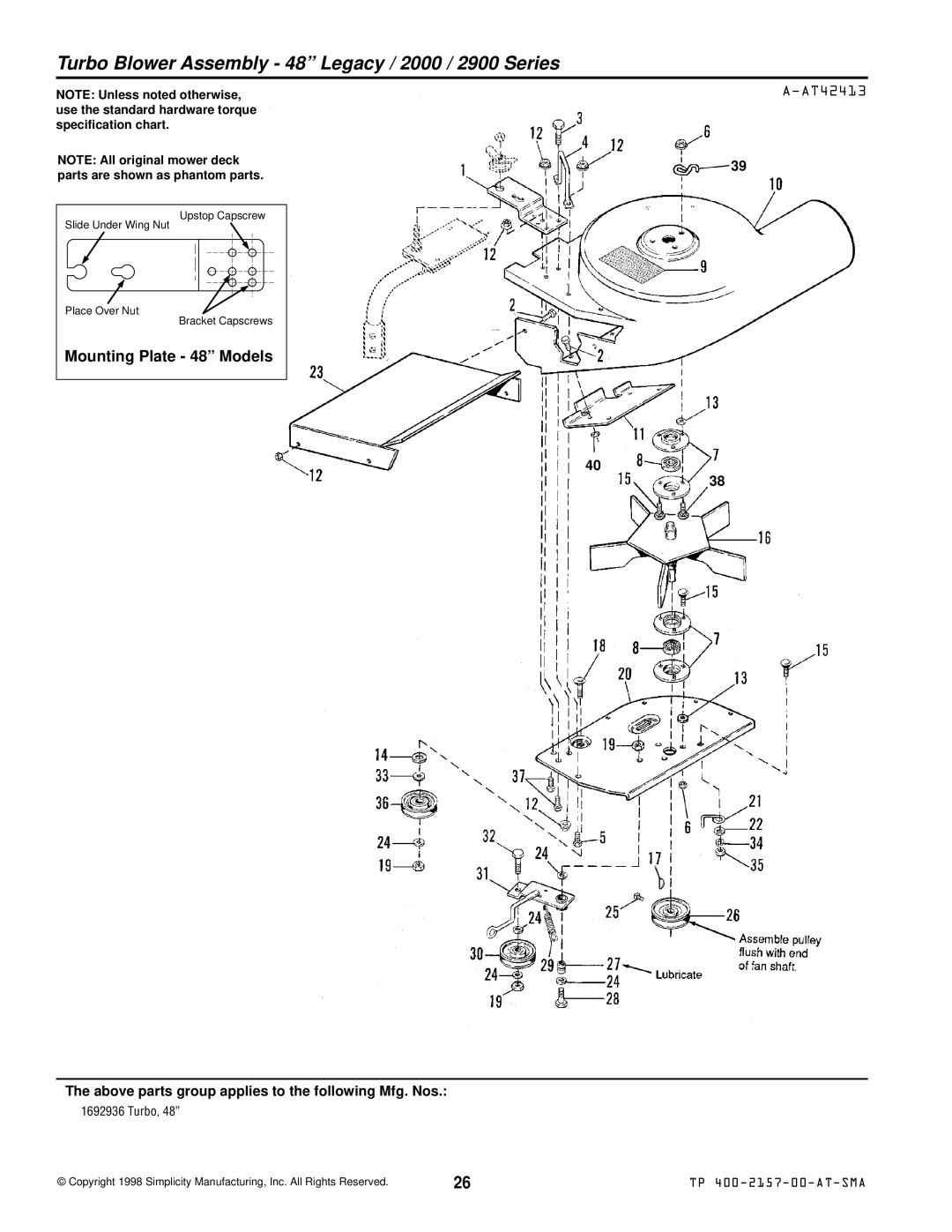 Simplicity 1692937, 1692626, 1693225, 1693227 Turbo Blower Assembly 48 Legacy / 2000 / 2900 Series, Mounting Plate 48 Models 