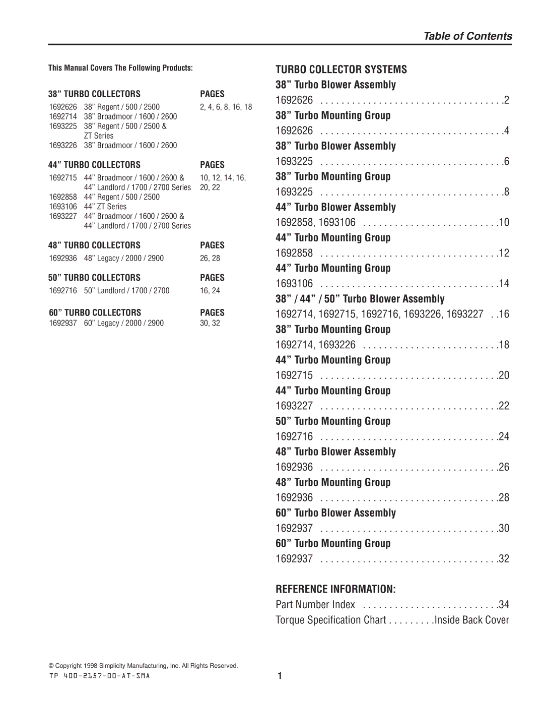 Simplicity 1693226, 1692626, 1693225, 1693227, 1693106, 1692936, 1692937, 1692858, 1692714, 1692715, 1692716 manual Table of Contents 