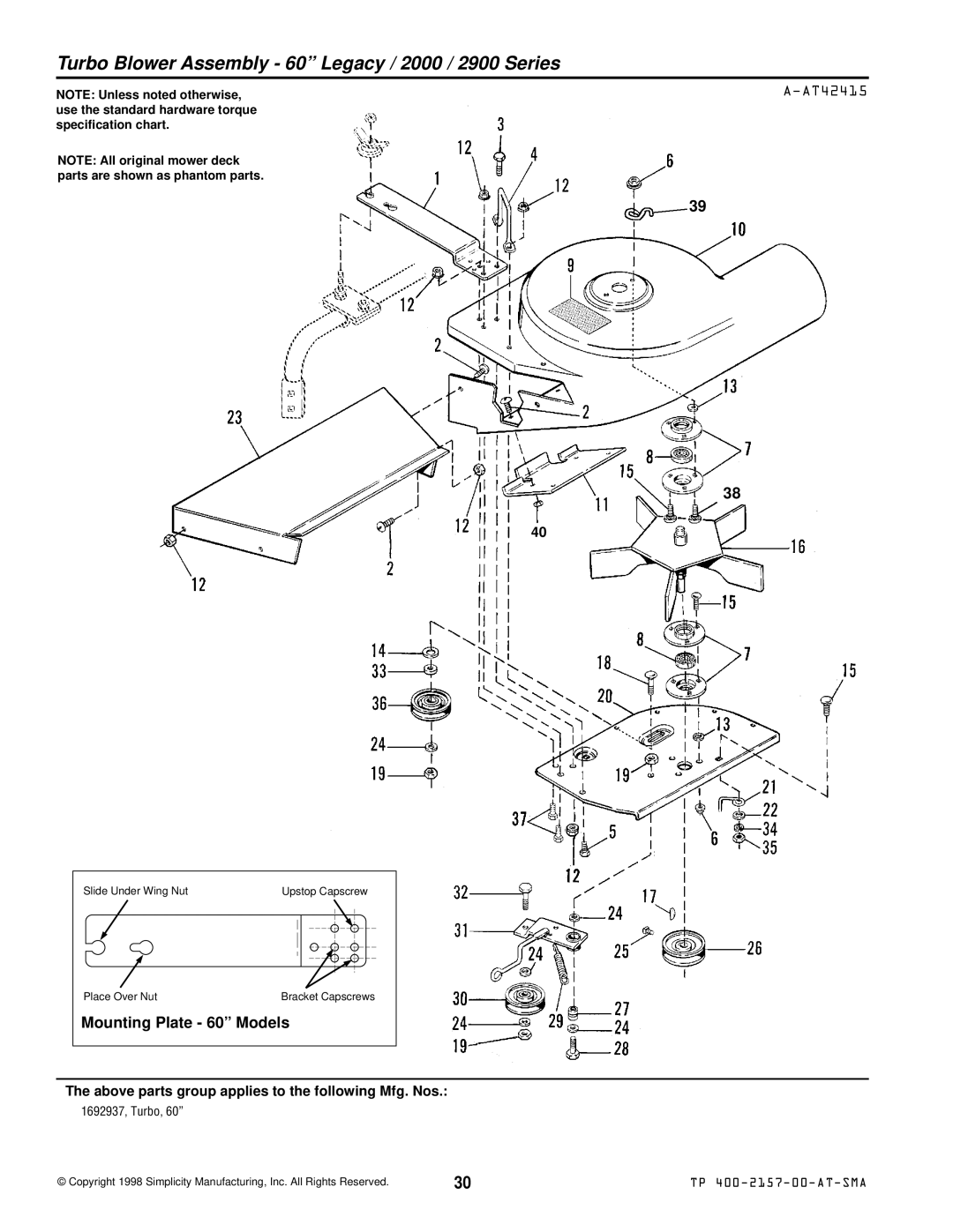 Simplicity 1692716, 1692626, 1693225, 1693227 Turbo Blower Assembly 60 Legacy / 2000 / 2900 Series, Mounting Plate 60 Models 