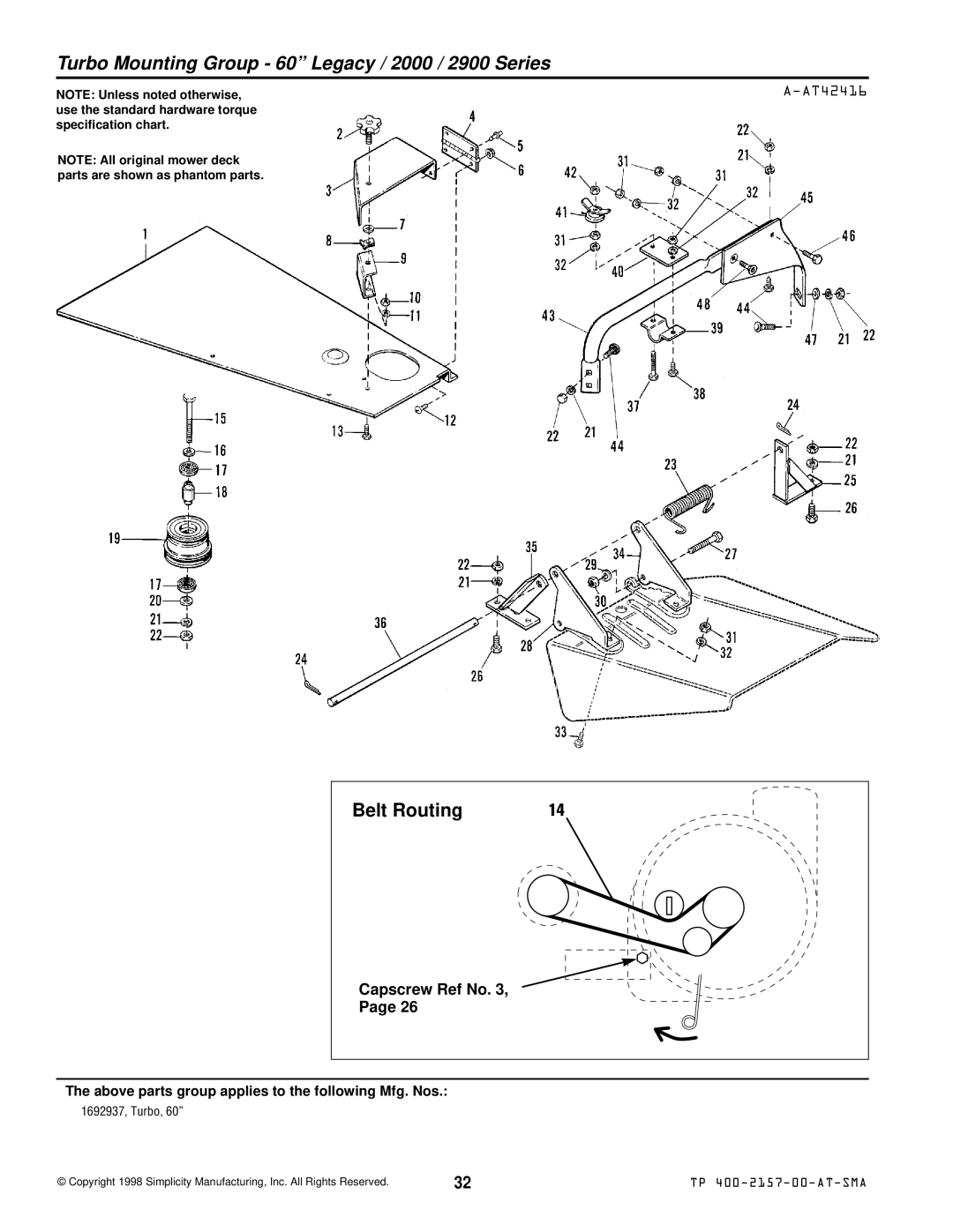 Simplicity 1693225, 1692626, 1693227, 1693226, 1693106 Turbo Mounting Group 60 Legacy / 2000 / 2900 Series, Capscrew Ref No 