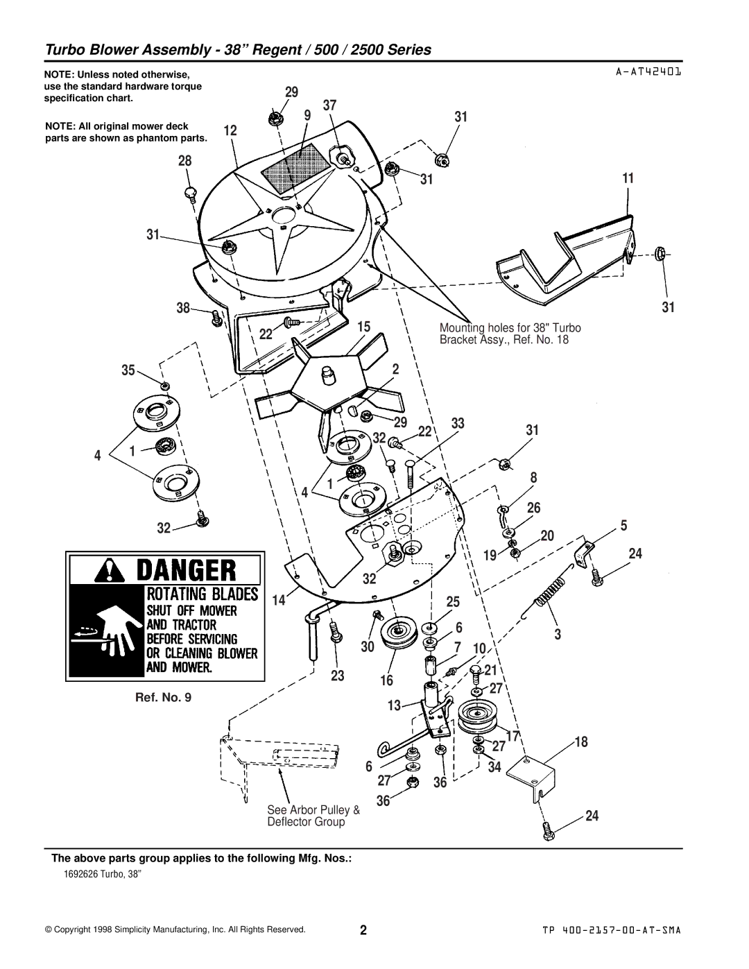 Simplicity 1693106, 1692626, 1693225, 1693227, 1693226, 1692936 manual Turbo Blower Assembly 38 Regent / 500 / 2500 Series, 2717 