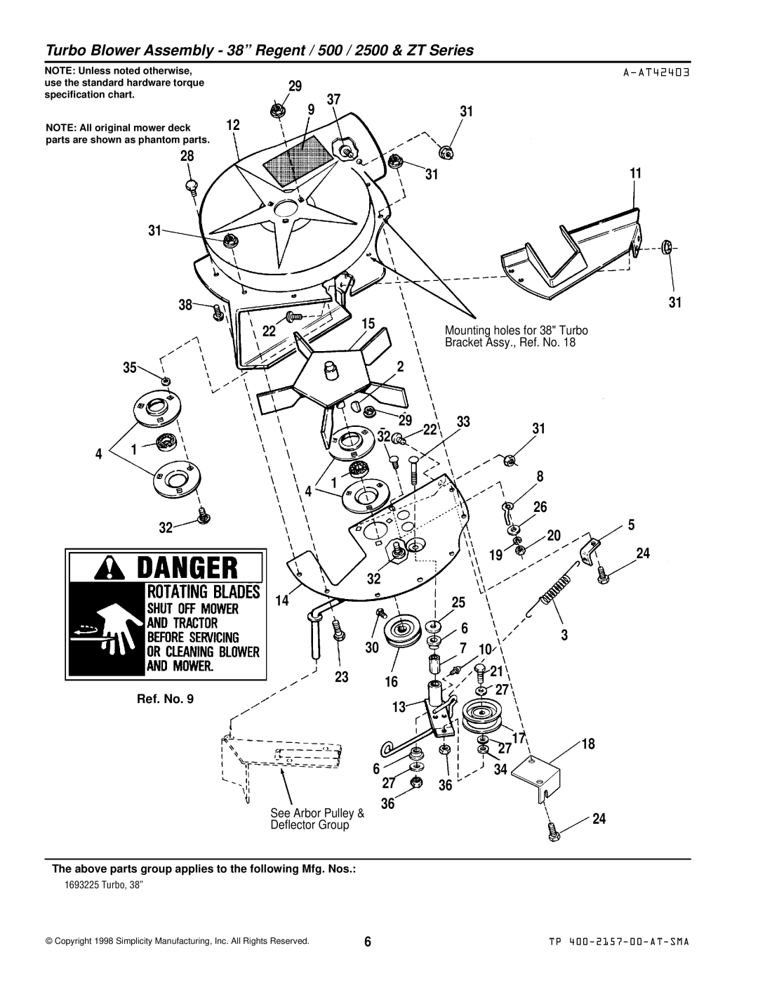 Simplicity 1692714, 1692626, 1693225, 1693227, 1693226, 1693106 manual Turbo Blower Assembly 38 Regent / 500 / 2500 & ZT Series 