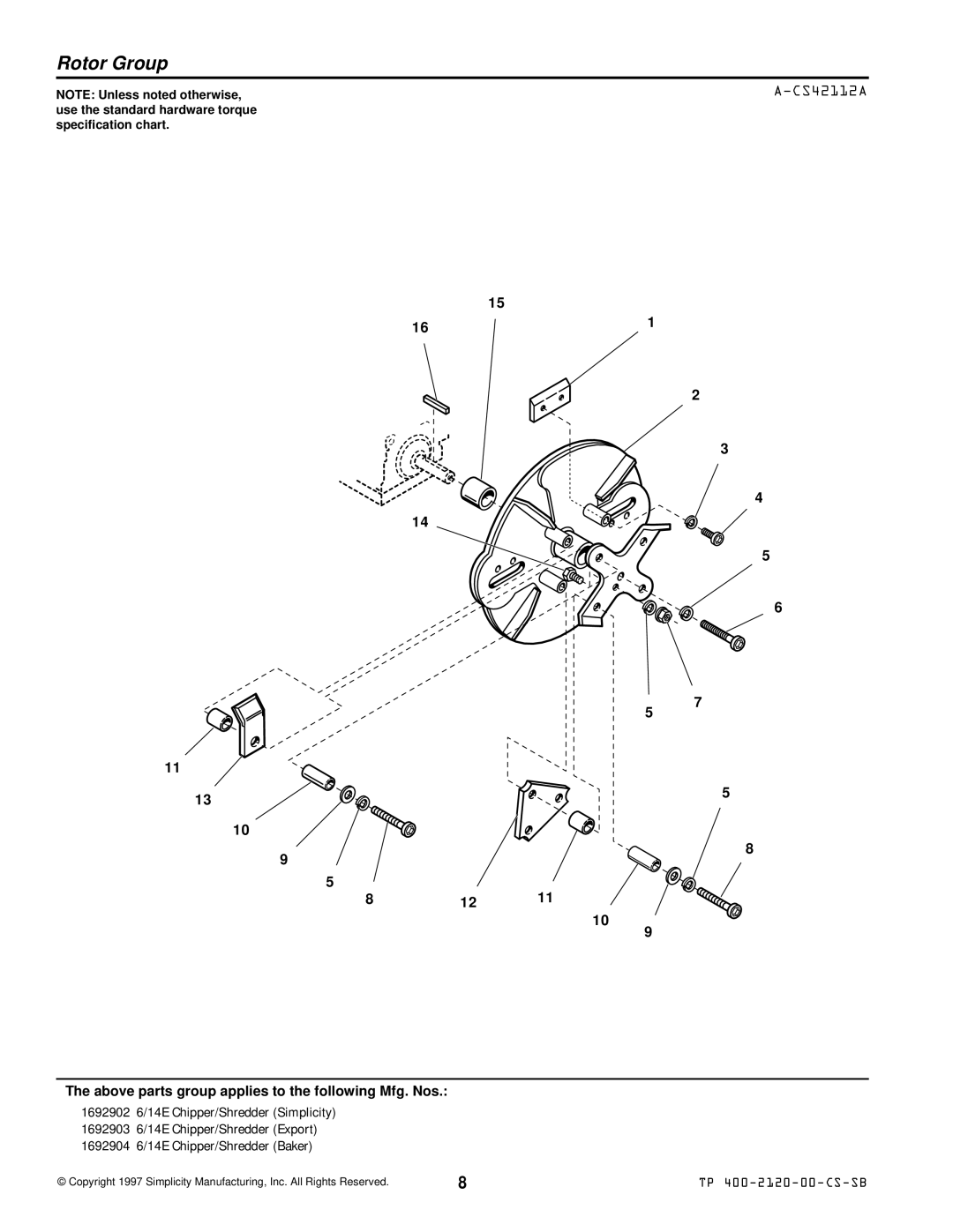 Simplicity 1692902 6/14E manual Rotor Group, CS42112A 