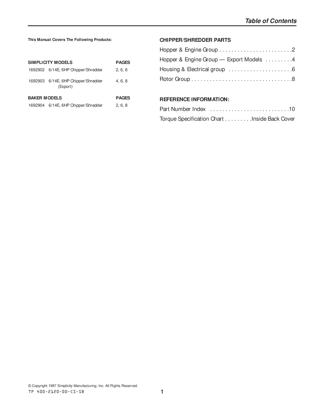 Simplicity 1692902 6/14E manual Table of Contents 