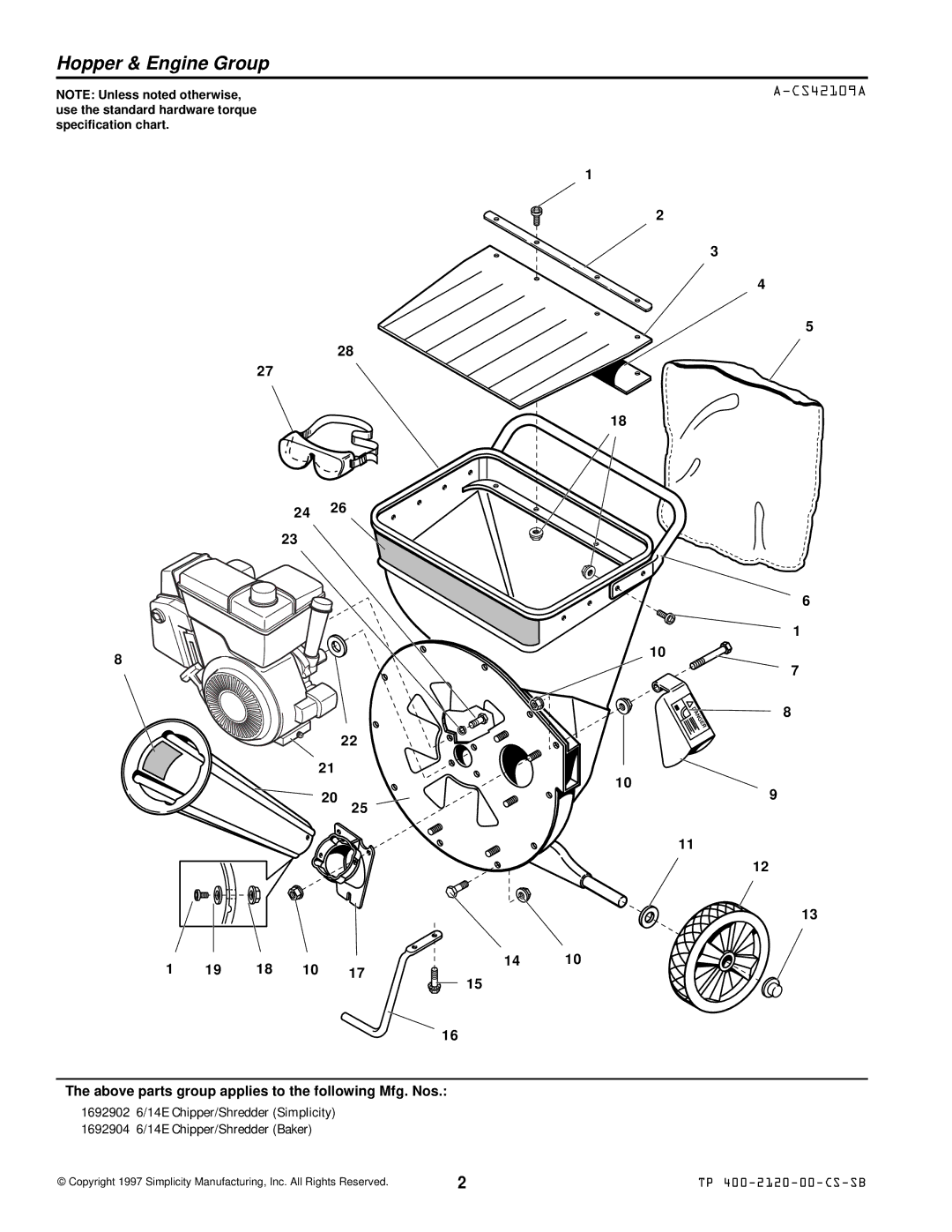 Simplicity 1692902 6/14E manual Hopper & Engine Group, CS42109A 