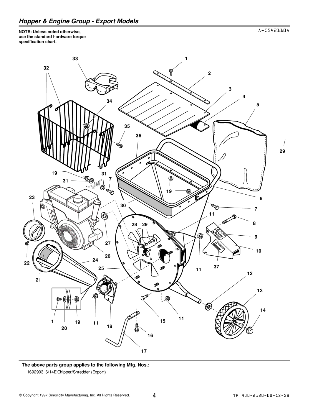 Simplicity 1692902 6/14E manual Hopper & Engine Group Export Models, CS42110A 