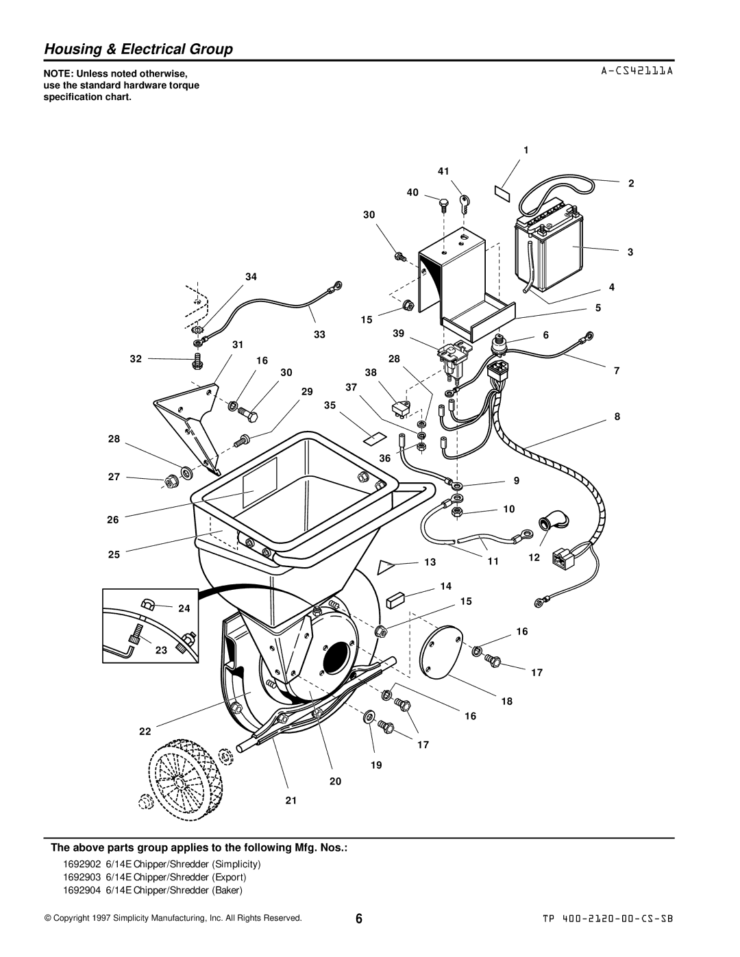 Simplicity 1692902 6/14E manual Housing & Electrical Group, CS42111A 