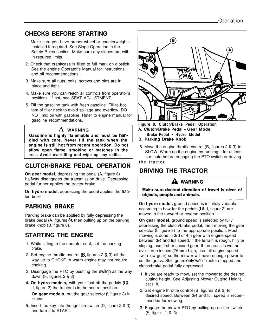 Simplicity 1692959, 1692963 manual Checks Before Starting, CLUTCH/BRAKE Pedal Operation, Parking Brake, Starting the Engine 