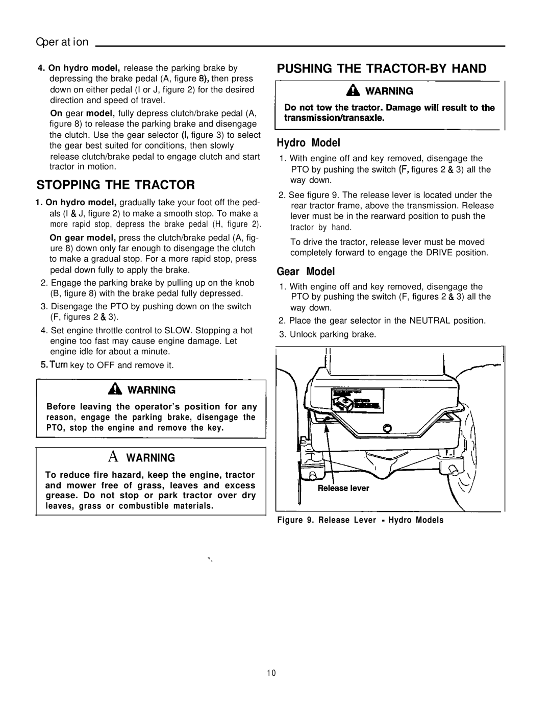 Simplicity 1692961, 1692963, 1692957, 1692959 Stopping the Tractor, Pushing the TRACTOR-BY Hand, Hydro Model, Gear Model 