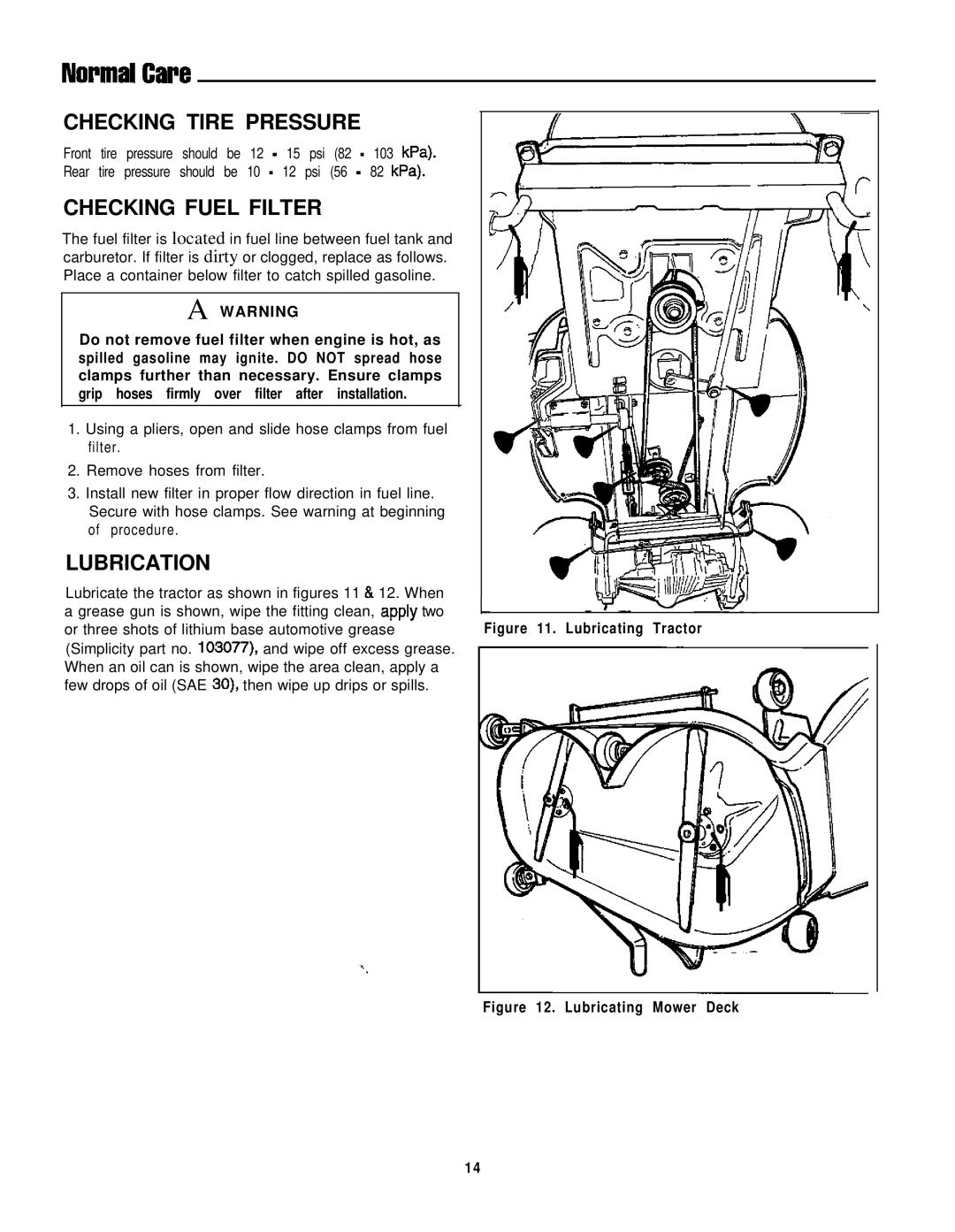 Simplicity 1692969, 1692963, 1692957, 1692959, 1692961, 1692973 manual Checking Tire Pressure, Checking Fuel Filter, Lubrication 