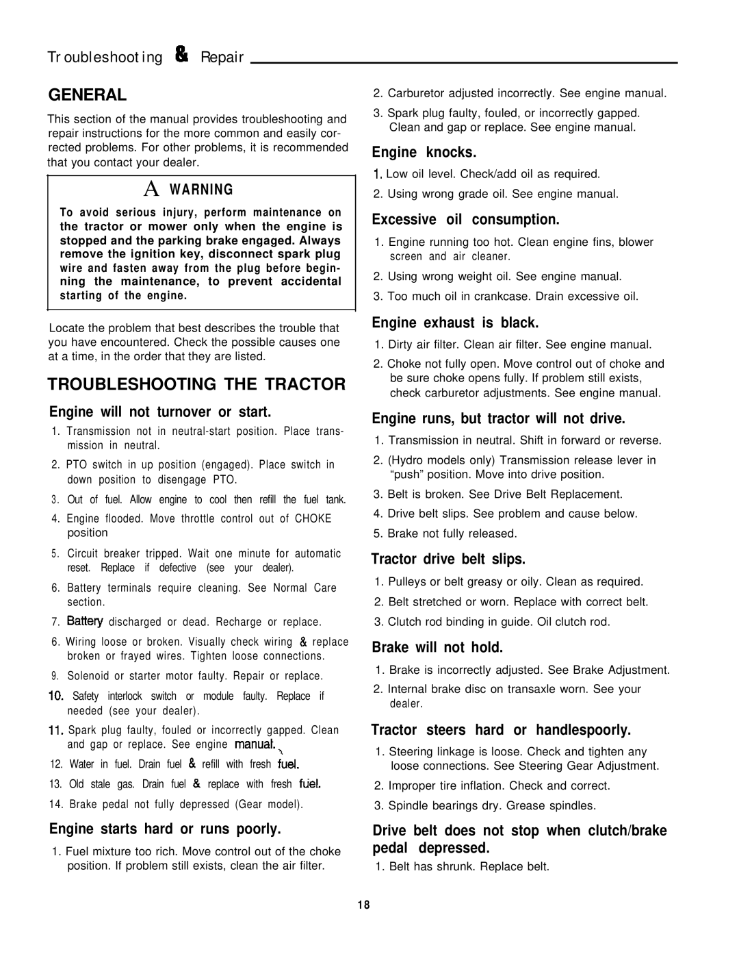 Simplicity 1692963, 1692957, 1692959, 1692961, 1692973, 1692971, 1692975 Troubleshooting & Repair, Troubleshooting the Tractor 