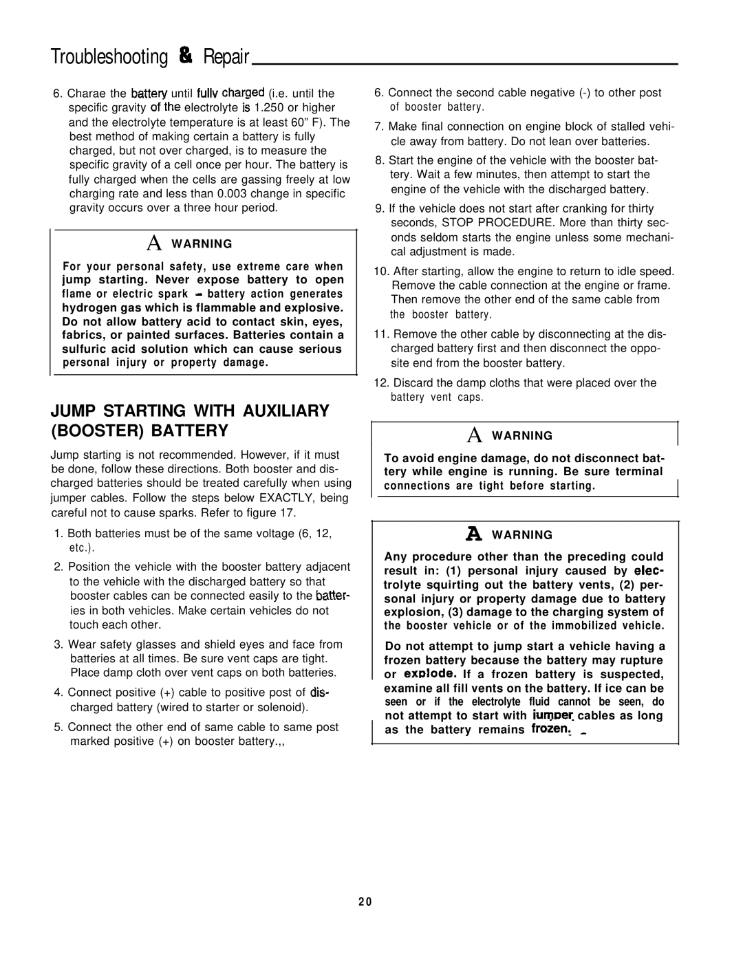 Simplicity 1692959, 1692963, 1692957, 1692961, 1692973 Troubleshooting & Repair, Jump Starting with Auxiliary Booster Battery 