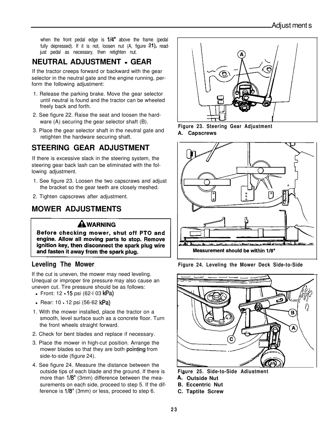 Simplicity 1692971, 1692963 manual Neutral Adjustment Gear, Steering Gear Adjustment, Mower Adjustments, Leveling The Mower 