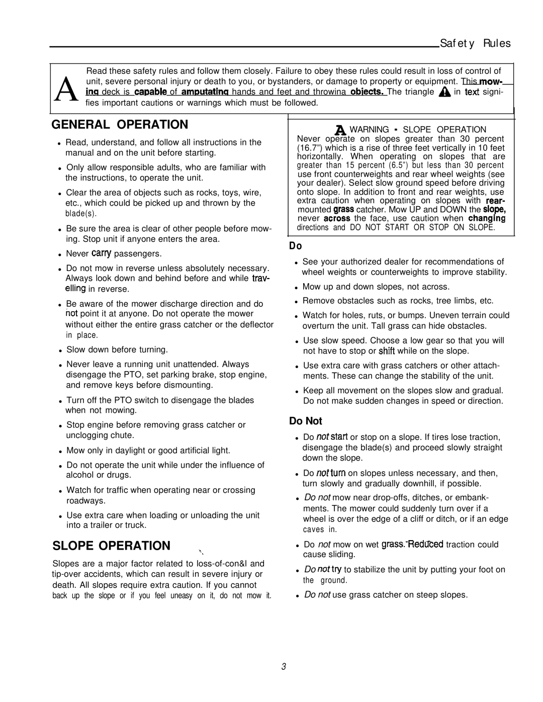 Simplicity 1692969, 1692963, 1692957, 1692959, 1692961, 1692973, 1692971 manual Safety Rules, General Operation, Slope Operation 