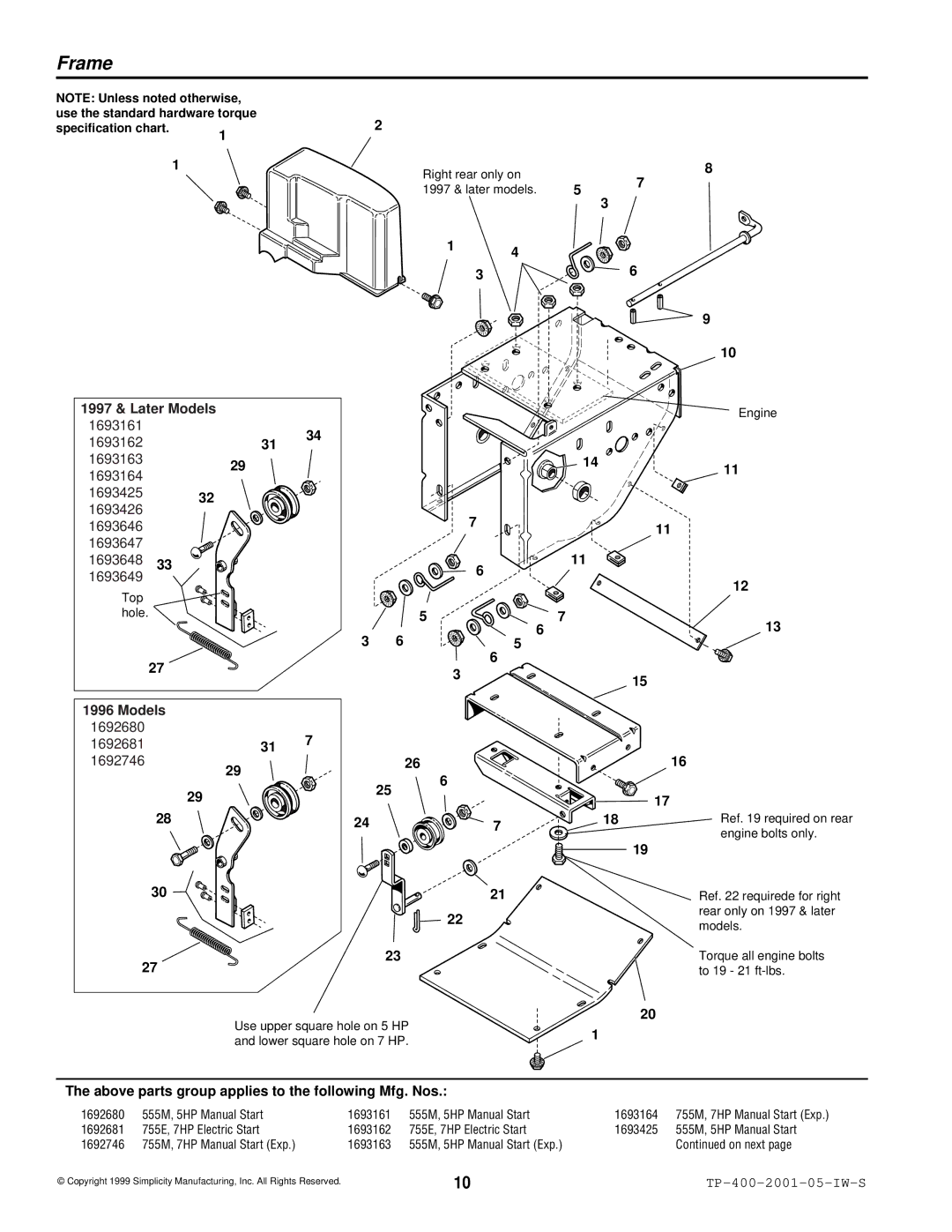 Simplicity 1693161, 1693163, 1692680 manual Frame, 1997 & Later Models 