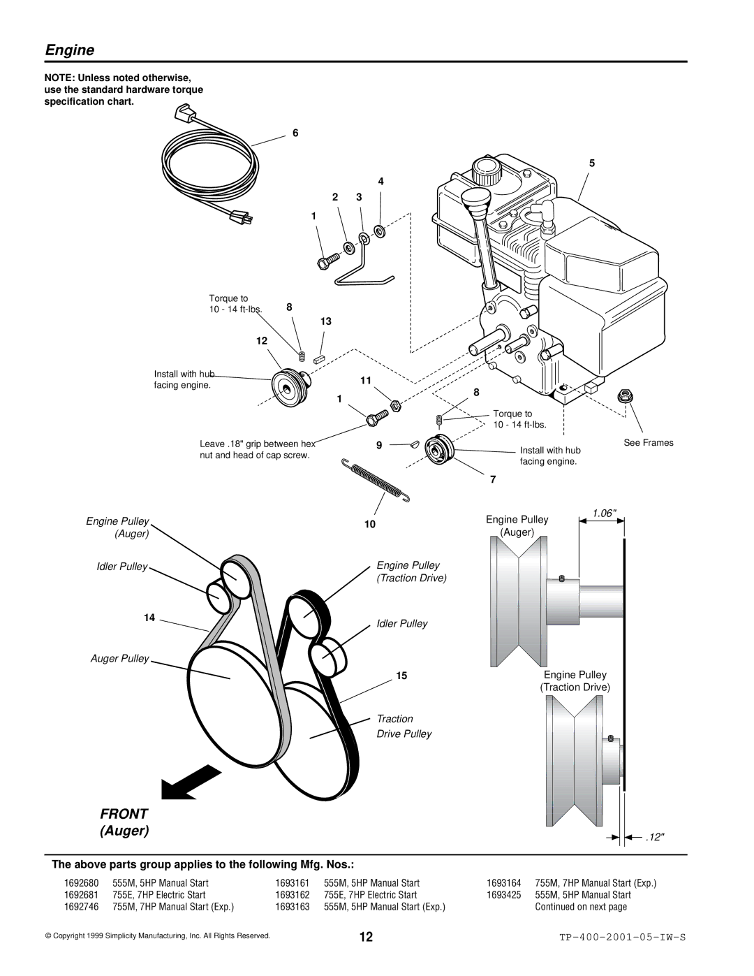 Simplicity 1692680, 1693161, 1693163 manual Engine, Front Auger 