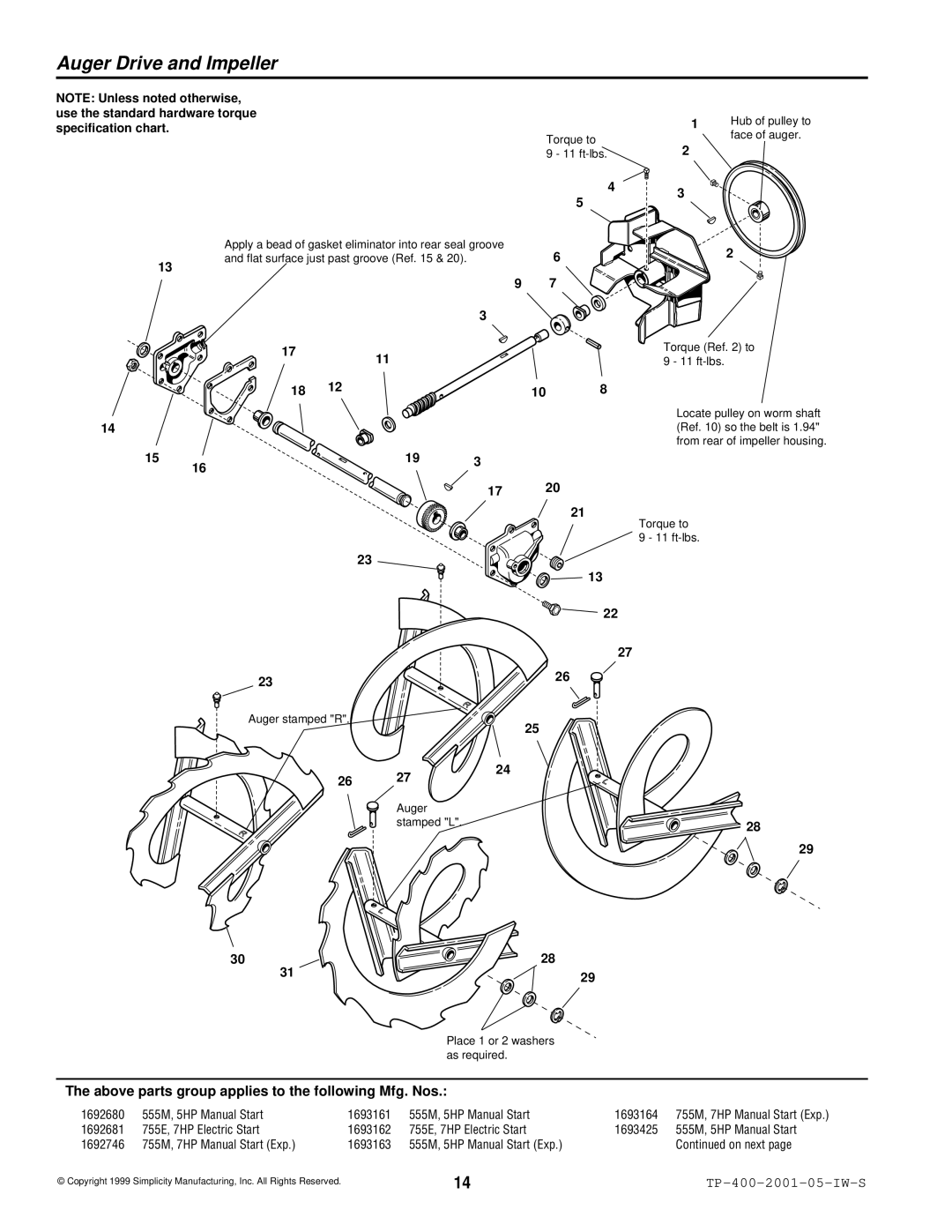 Simplicity 1693163, 1693161, 1692680 manual Auger Drive and Impeller, Face of auger 