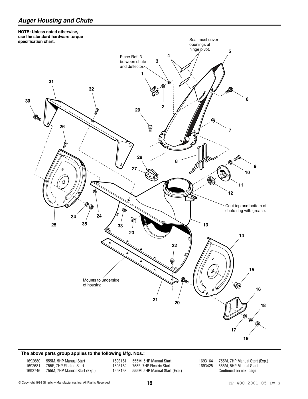 Simplicity 1693161, 1693163, 1692680 manual Auger Housing and Chute 