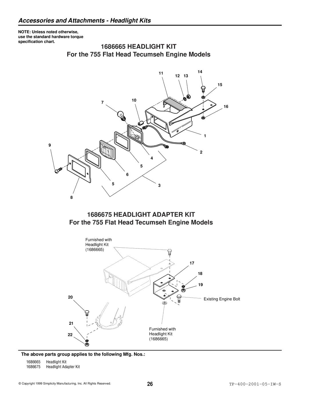 Simplicity 1693163, 1693161, 1692680 manual Headlight Adapter KIT, Accessories and Attachments Headlight Kits 