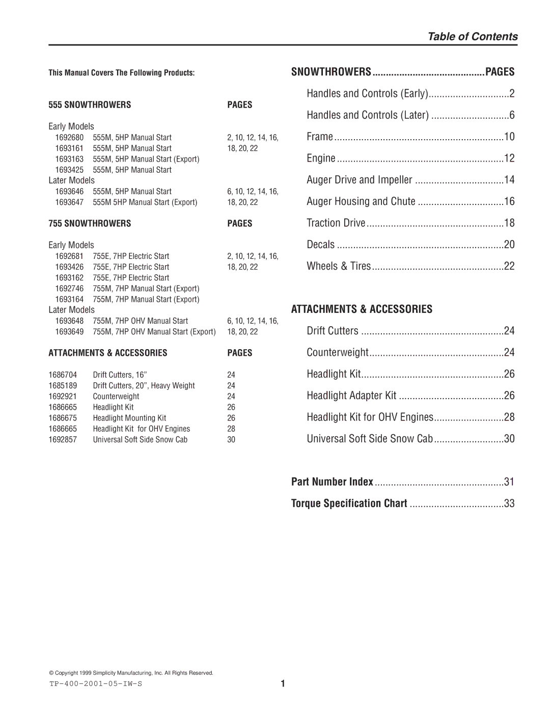 Simplicity 1693161, 1693163, 1692680 manual Table of Contents 