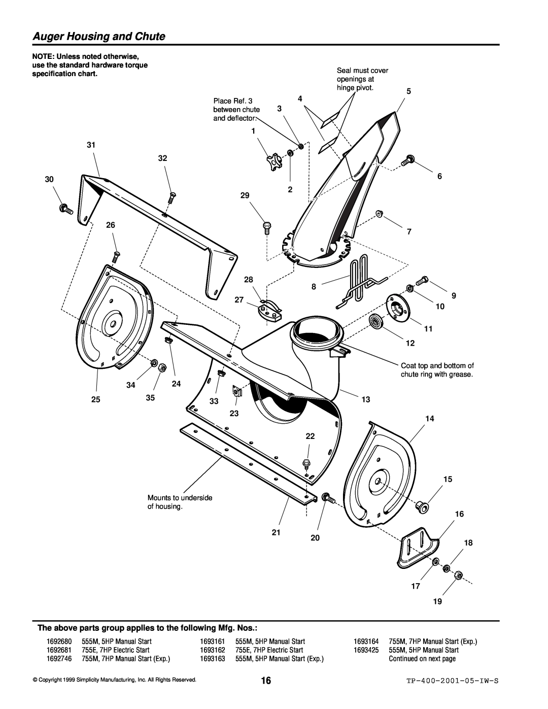 Simplicity 1693161 Auger Housing and Chute, The above parts group applies to the following Mfg. Nos, TP-400-2001-05-IW-S 
