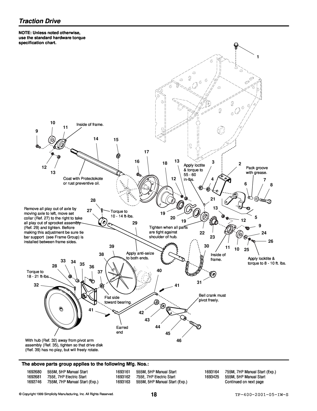 Simplicity 1692680 Traction Drive, The above parts group applies to the following Mfg. Nos, TP-400-2001-05-IW-S, 2835 