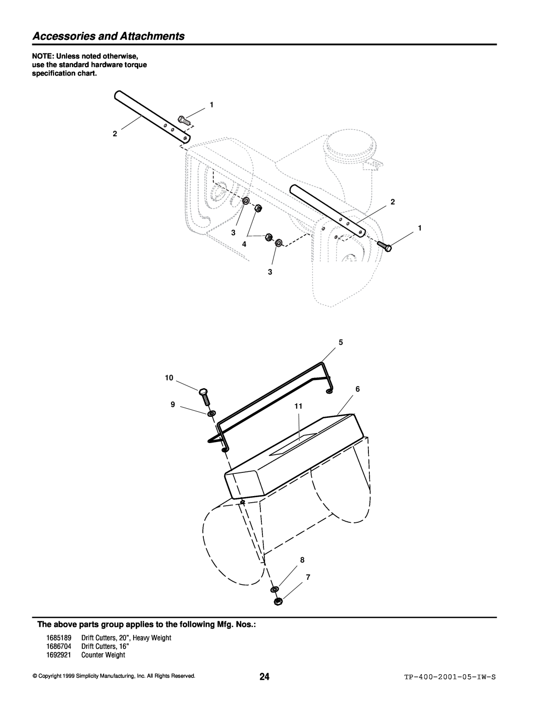 Simplicity 1692680 Accessories and Attachments, The above parts group applies to the following Mfg. Nos, Counter Weight 