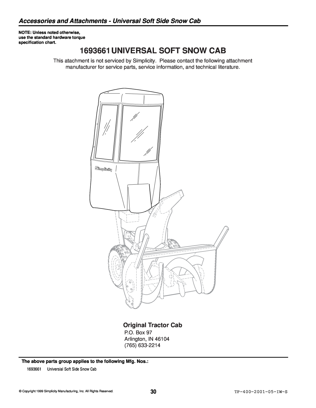 Simplicity 1692680, 1693161 manual R 1 3, Accessories and Attachments - Universal Soft Side Snow Cab, Original Tractor Cab 