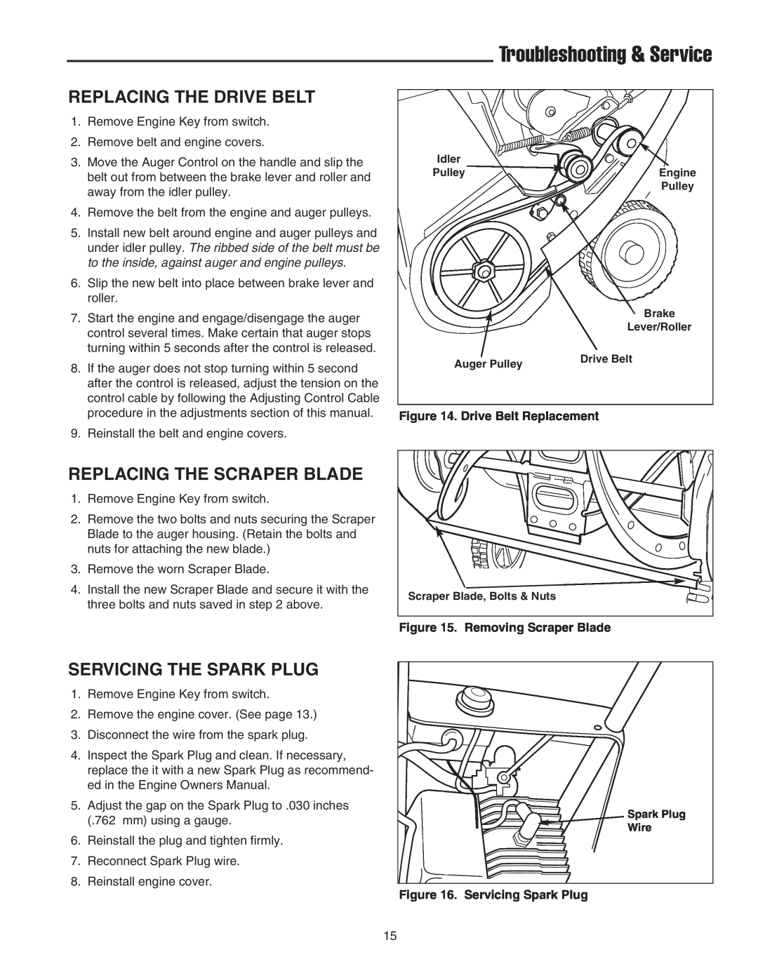 Simplicity 1692978 Replacing The Drive Belt, Replacing The Scraper Blade, Servicing The Spark Plug, Drive Belt Replacement 