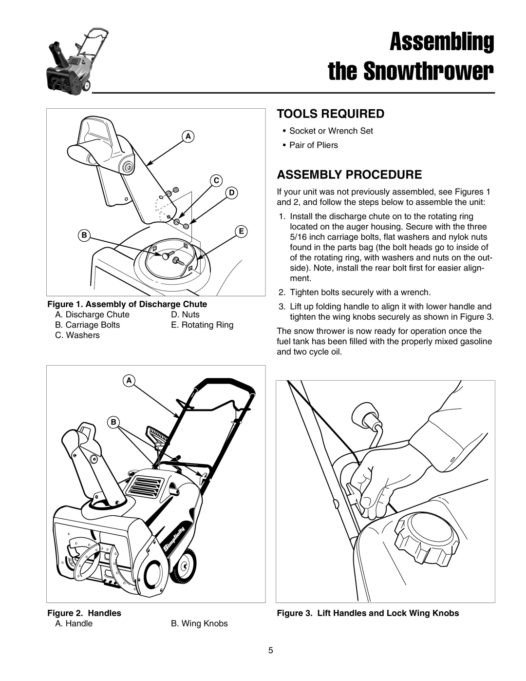 Simplicity 1692917 Tools Required, Assembly Procedure, Assembly of Discharge Chute, Handles, Assembling the Snowthrower 