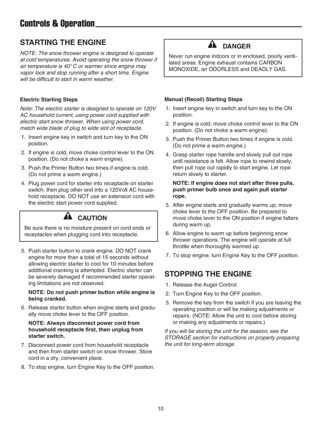 Simplicity 1692984 manual Starting the Engine, Stopping the Engine, Electric Starting Steps, Manual Recoil Starting Steps 