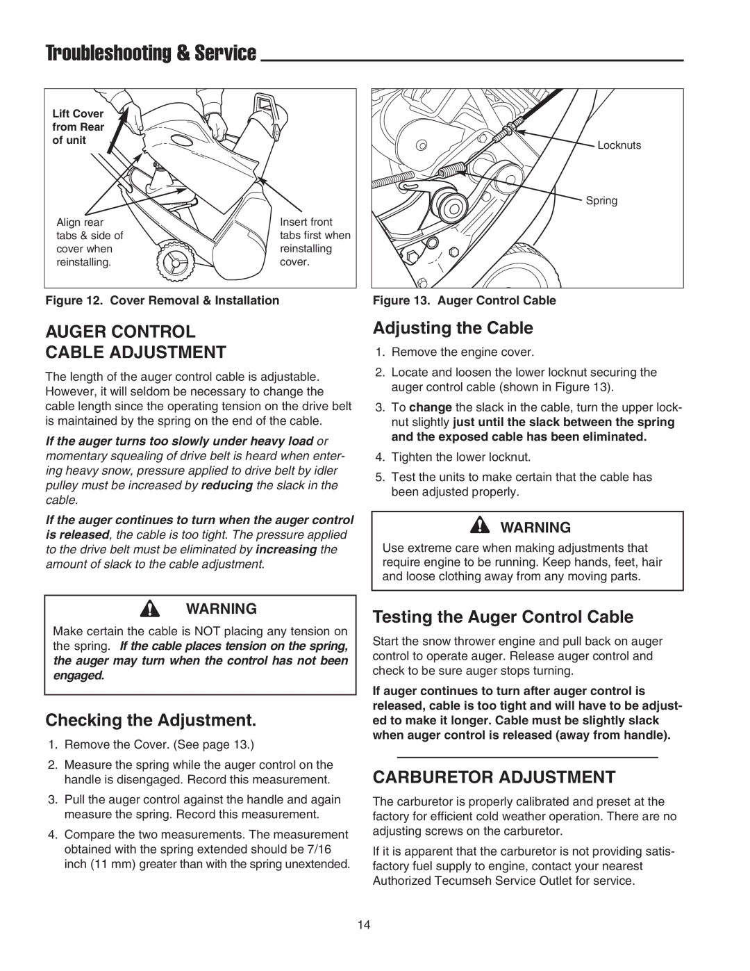 Simplicity 1692977, 1693166, 1692984 manual Troubleshooting & Service, Auger Control Cable Adjustment, Carburetor Adjustment 