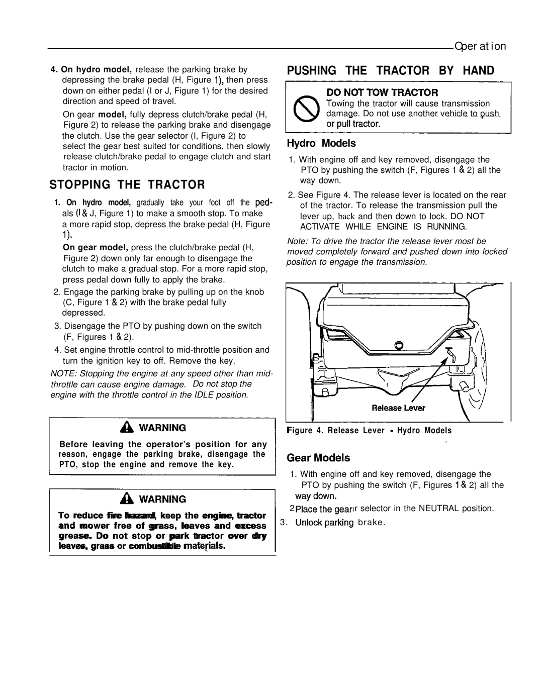 Simplicity 1693264, 1693266 manual Operation, Stopping the Tractor, Pushing the Tractor by Hand, Hydro Models 