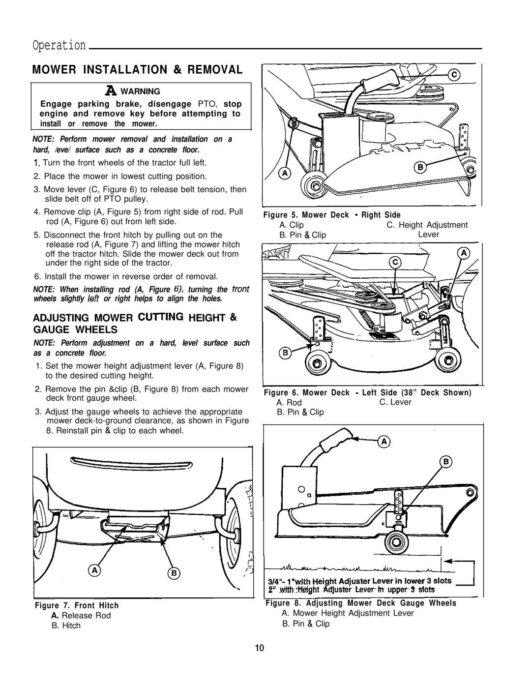 Simplicity 1693266, 1693264 manual Mower Installation & Removal, Adjusting Mower CUlTlNG Height 