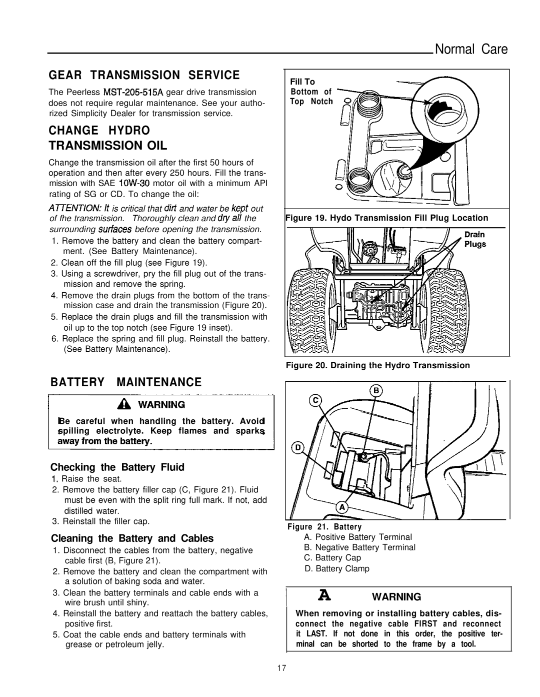 Simplicity 1693264, 1693266 manual Gear Transmission Service, Change Hydro Transmission OIL, Battery Maintenance 