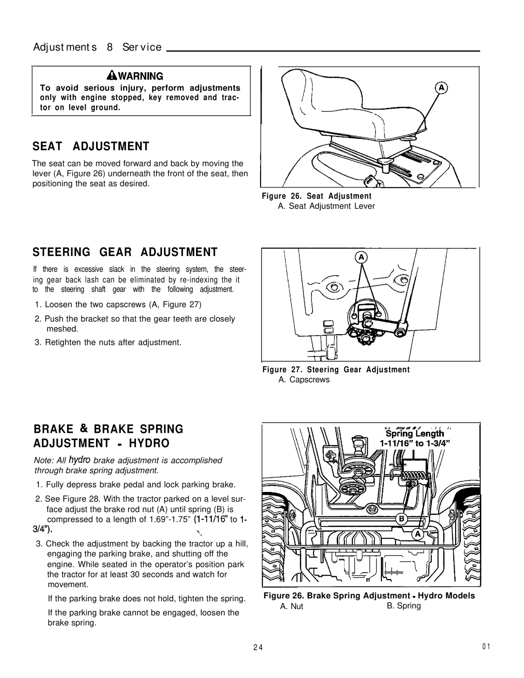 Simplicity 1693266 Adjustments 8 Service, Seat Adjustment, Steering Gear Adjustment, Brake & Brake Spring Adjustment Hydro 