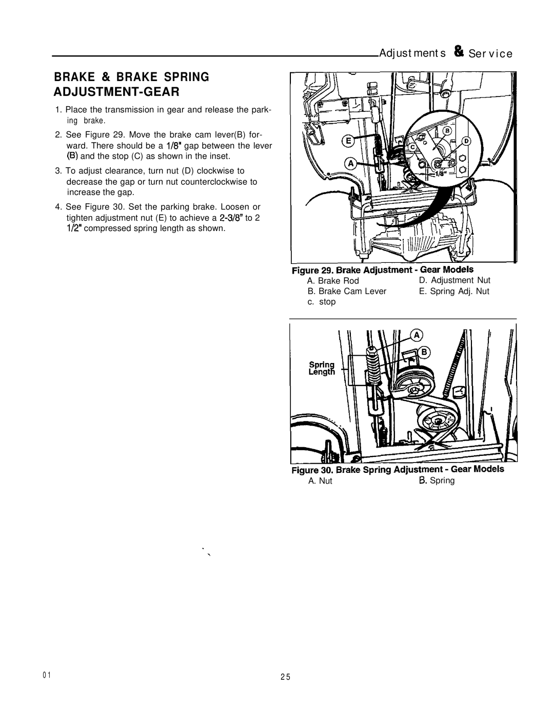 Simplicity 1693264, 1693266 manual Adjustments & S e r v i c e, Brake & Brake Spring ADJUSTMENT-GEAR 