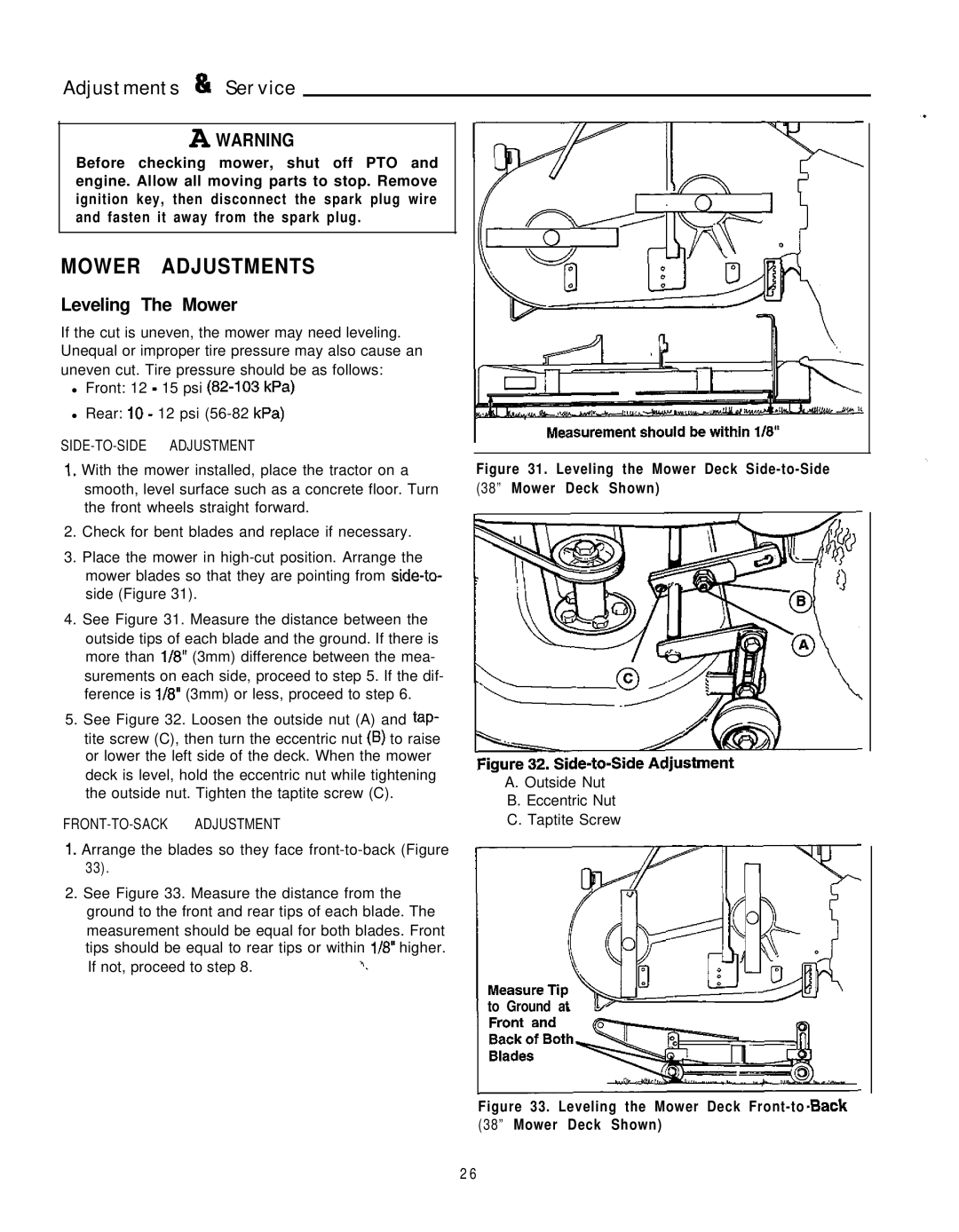 Simplicity 1693266, 1693264 manual Adjustments & Service, Mower Adjustments, Leveling The Mower 