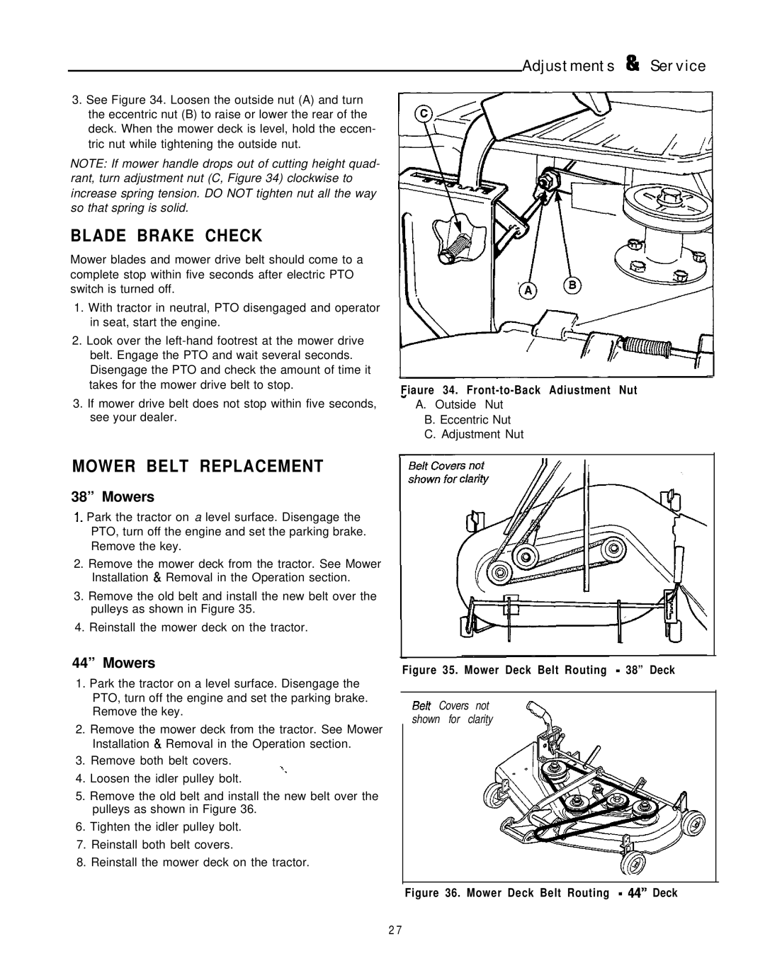 Simplicity 1693264, 1693266 manual Adjustments %I Service, Blade Brake Check, Mower Belt Replacement, Mowers 