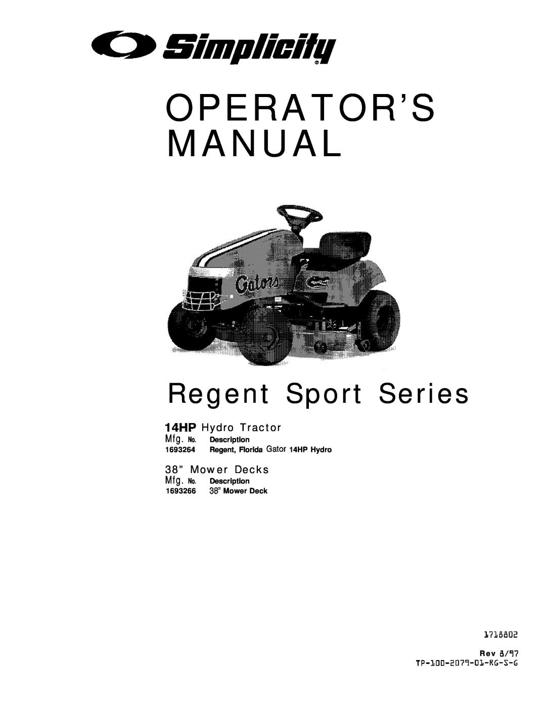 Simplicity 1693266, 1693264 manual Operator’S Manual, Regent Sport Series 