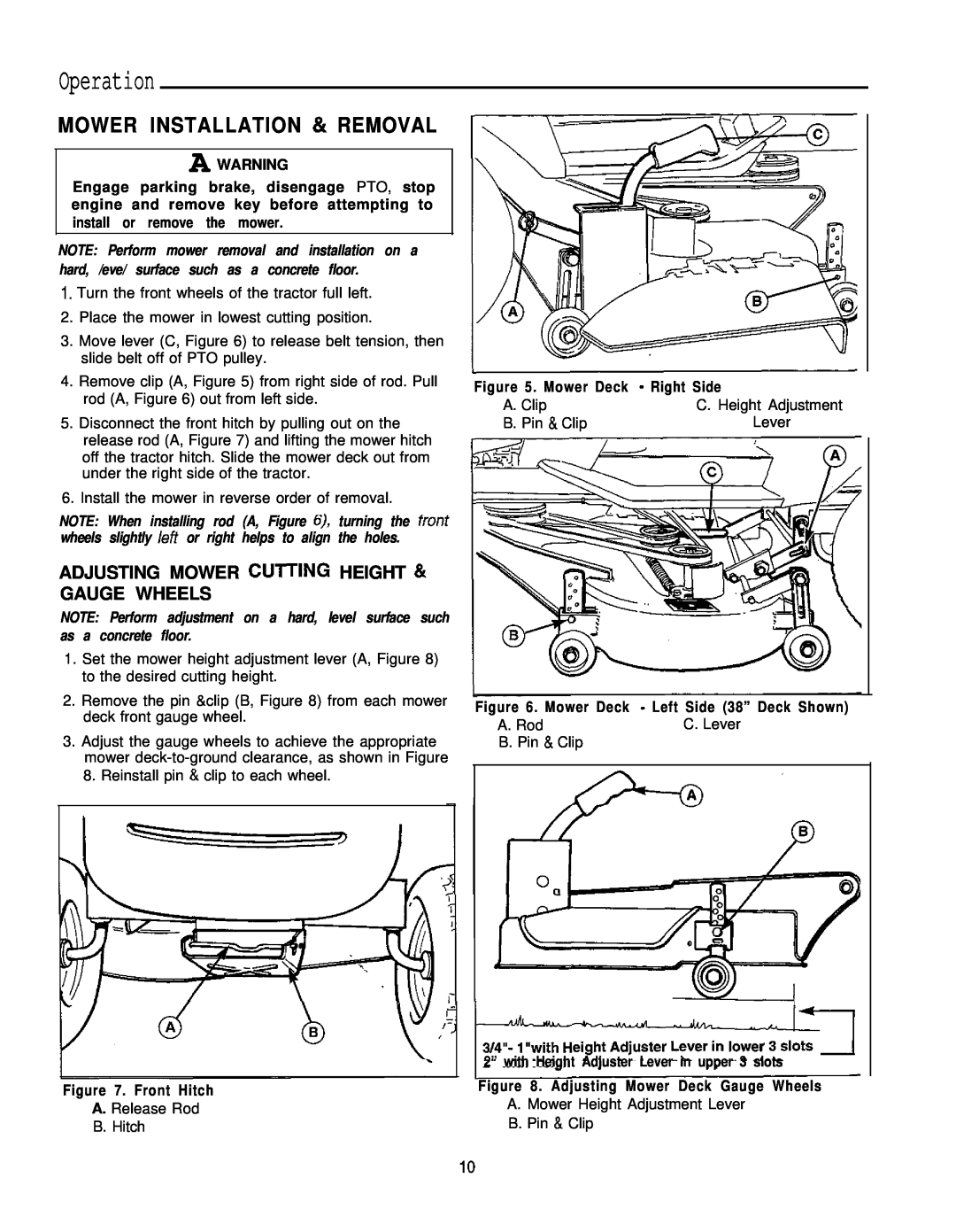 Simplicity 1693266, 1693264 manual Operation, Mower Installation & Removal, A Warning, Front Hitch, Mower Deck - Right Side 