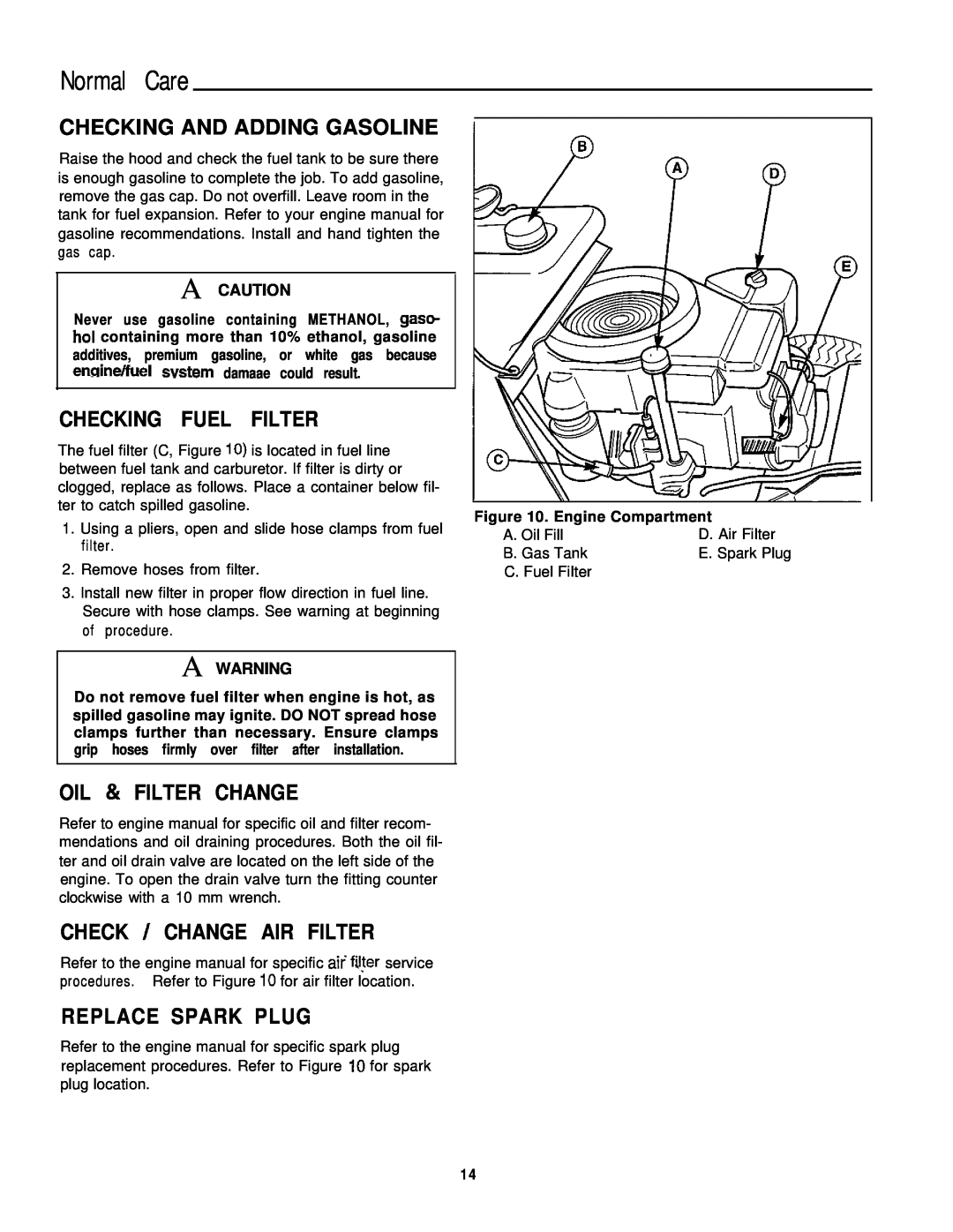 Simplicity 1693266, 1693264 manual Normal Care, Checking And Adding Gasoline, Checking Fuel Filter, Oil & Filter Change 