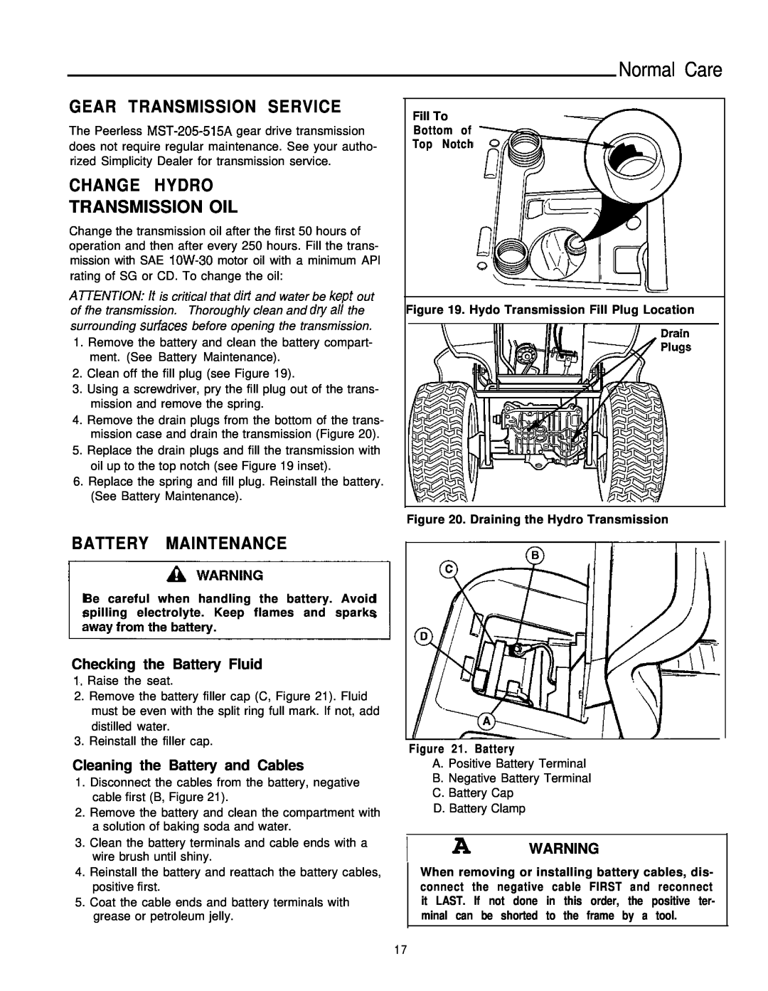 Simplicity 1693264, 1693266 Gear Transmission Service, Change Hydro Transmission Oil, Battery Maintenance, Normal Care 