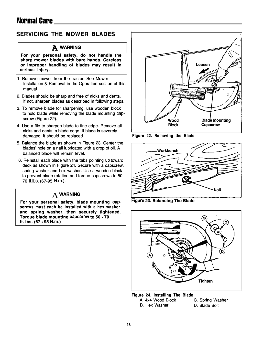Simplicity 1693266 Servicing The Mower Blades, NormalCare, Removing the Blade, ft. Ibs. 67 - 95 N.m, Balancing The Blade 
