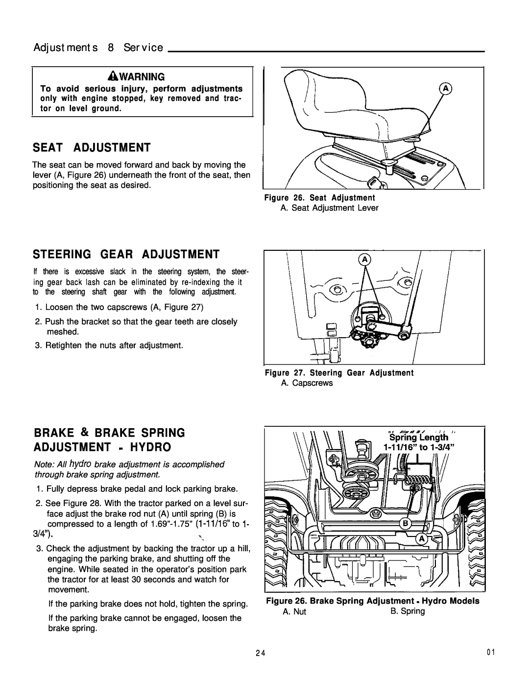 Simplicity 1693266, 1693264 manual Adjustments 8 Service, Awarning, Seat Adjustment, Steering Gear Adjustment 