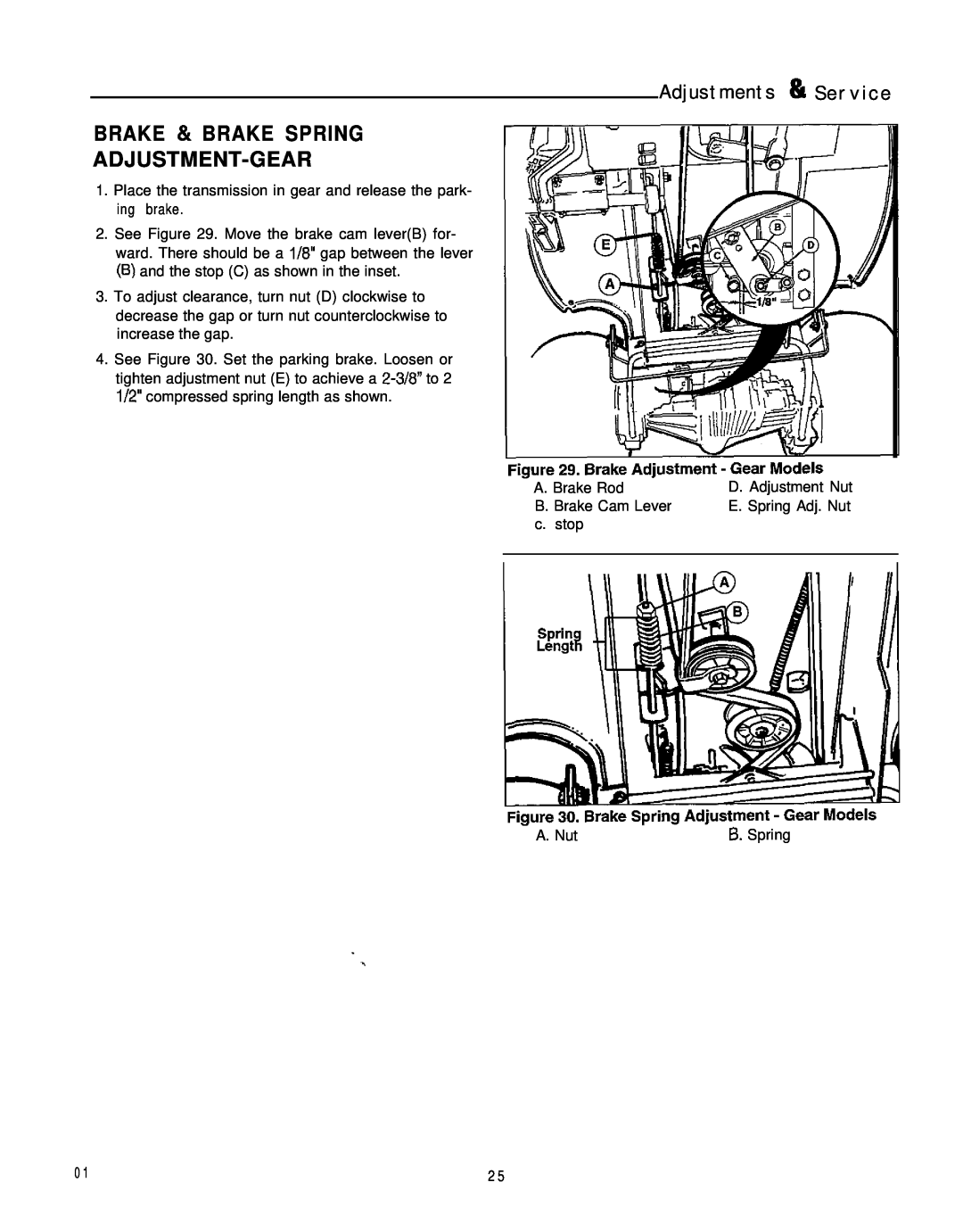 Simplicity 1693264, 1693266 manual Adjustments & S e r v i c e, Brake & Brake Spring Adjustment-Gear 