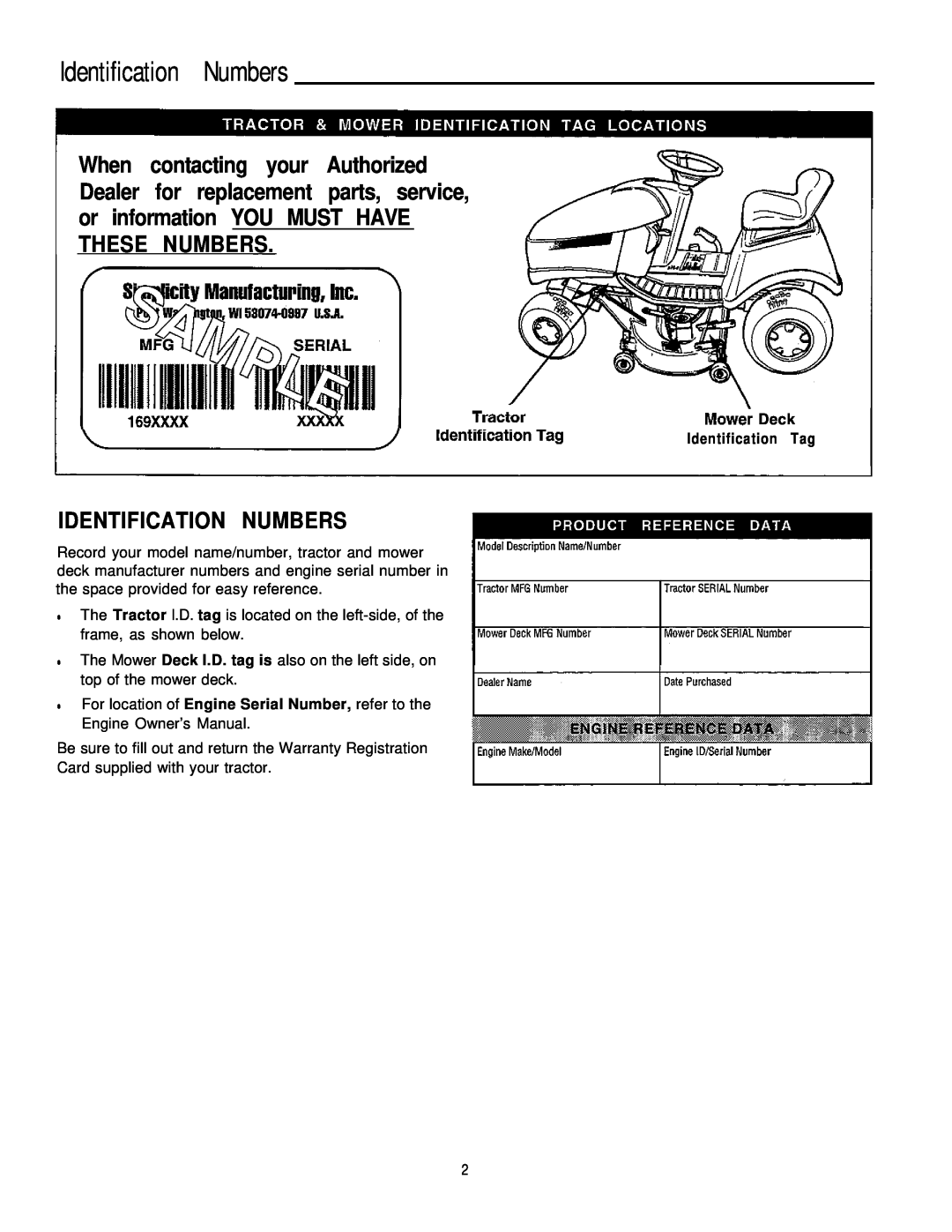 Simplicity 1693266, 1693264 manual Identification Numbers, 169XXXX, Mowe Deck Identification Tag 